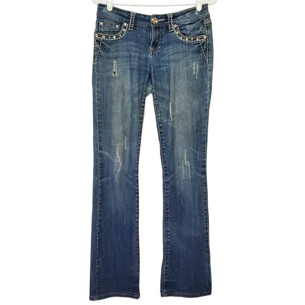 7580 * L.A. Idol Flare Leg Embellished Pocket Jeans Medium Wash Denim Size 3